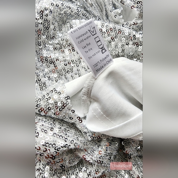 🏷🆕️ Sexy Deep-V Sequin Glitter Tassel Sleeve Party Mini Dress - Silver - L - Picture 13 of 16